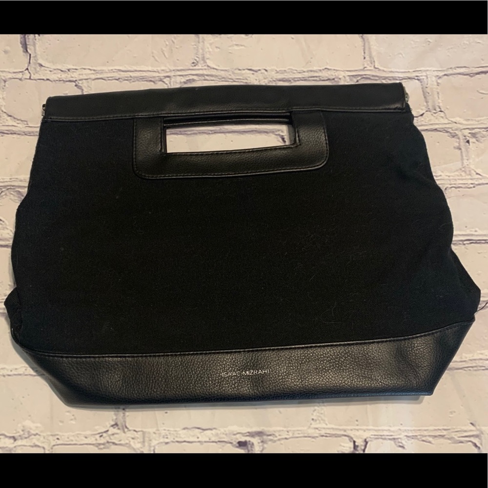 ISAAC MIZRAHI Fabric & Faux Black Leather Handbag
